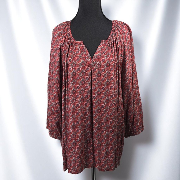 Ava Christine Floral Print Blouse Woman XL V-Neck Puff Sleeve Red Cottagecore - Picture 1 of 12
